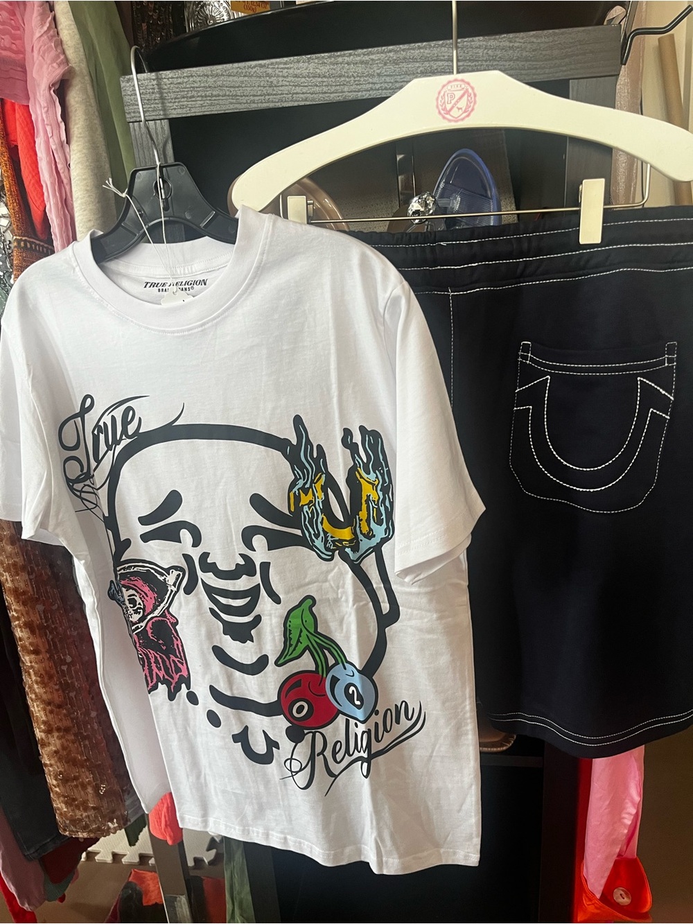 True Religion White Tee with Multicolor Graphic Face Print